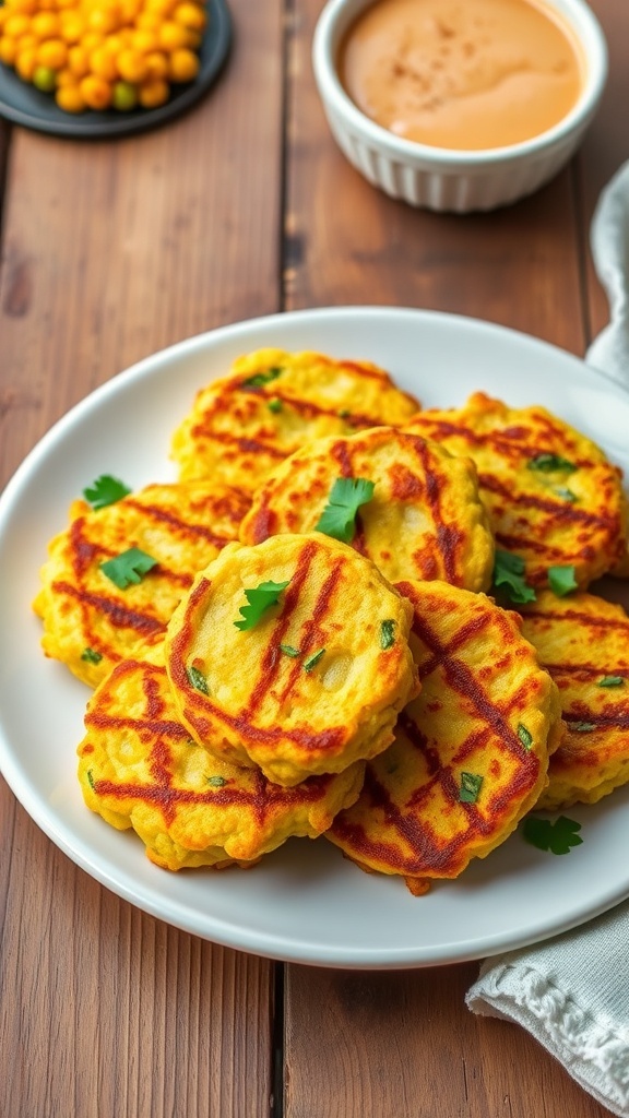 Crispy zucchini and corn fritters served on a plate with herbs and a bowl of dipping sauce.